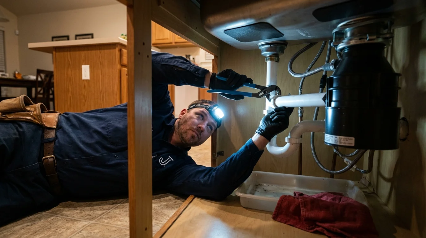 P-trap and supply line connections under a kitchen sink showing a common leak point in Logan, UT